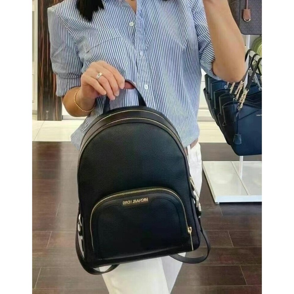 Michael Kors Jaycee Medium Zip Pocket Backpack Leather Black Gold $498